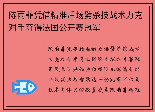 陈雨菲凭借精准后场劈杀技战术力克对手夺得法国公开赛冠军